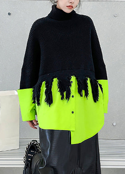 Black Turtleneck Asymmetrical Patchwork Knit Sweater Spring