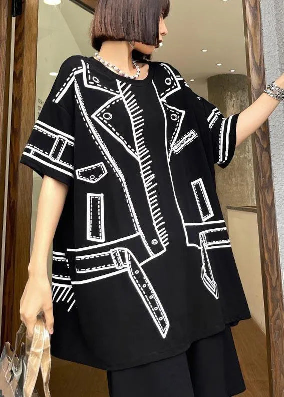 Black Graphic O-neck Cotton Shirt Top