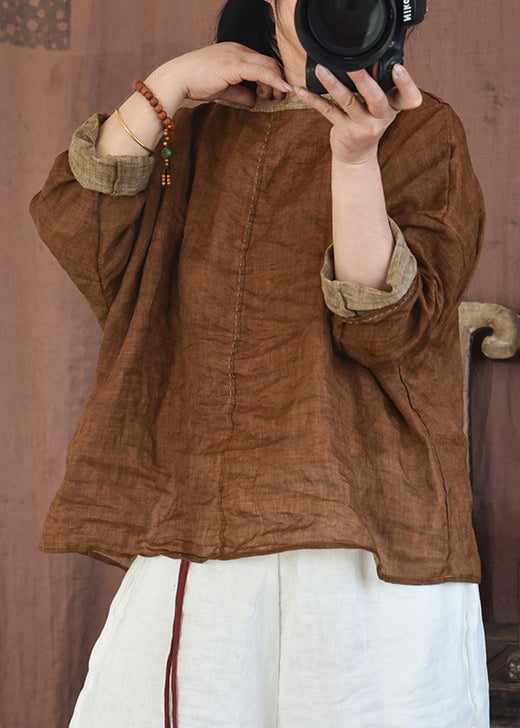 Coffee Cozy Patchwork Linen Shirts O-neck Long Sleeve