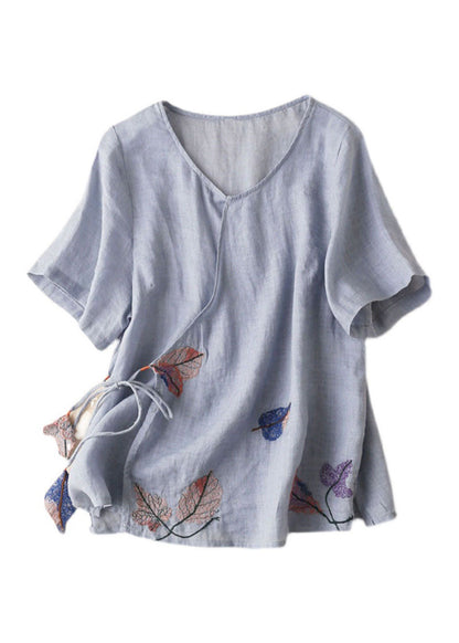 Light Blue V Neck Embroideried Tie Waist Cotton Linen Top Short Sleeve