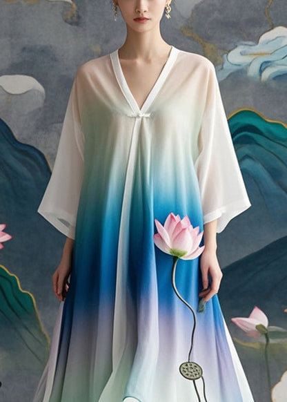 Boutique Gradient Color Lotus Print Chiffon Long Dress Fall