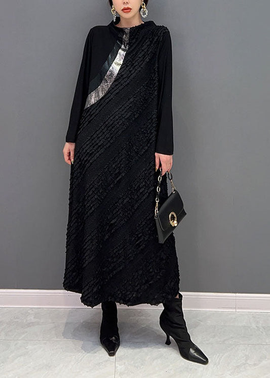 Original Design Black Stand Collar Patchwork Wear on Both Sides Holiday Dress Spring