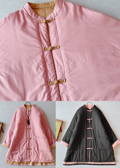 Retro Pink Stand Collar Pockets Fine Cotton Filled Coat Winter
