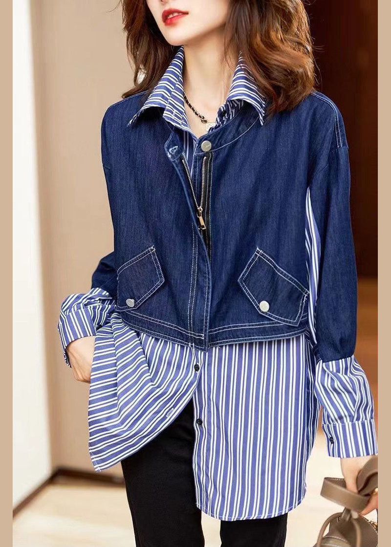 Fine Blue Button Peter Pan Collar Denim Patchwork Striped Shirts Spring