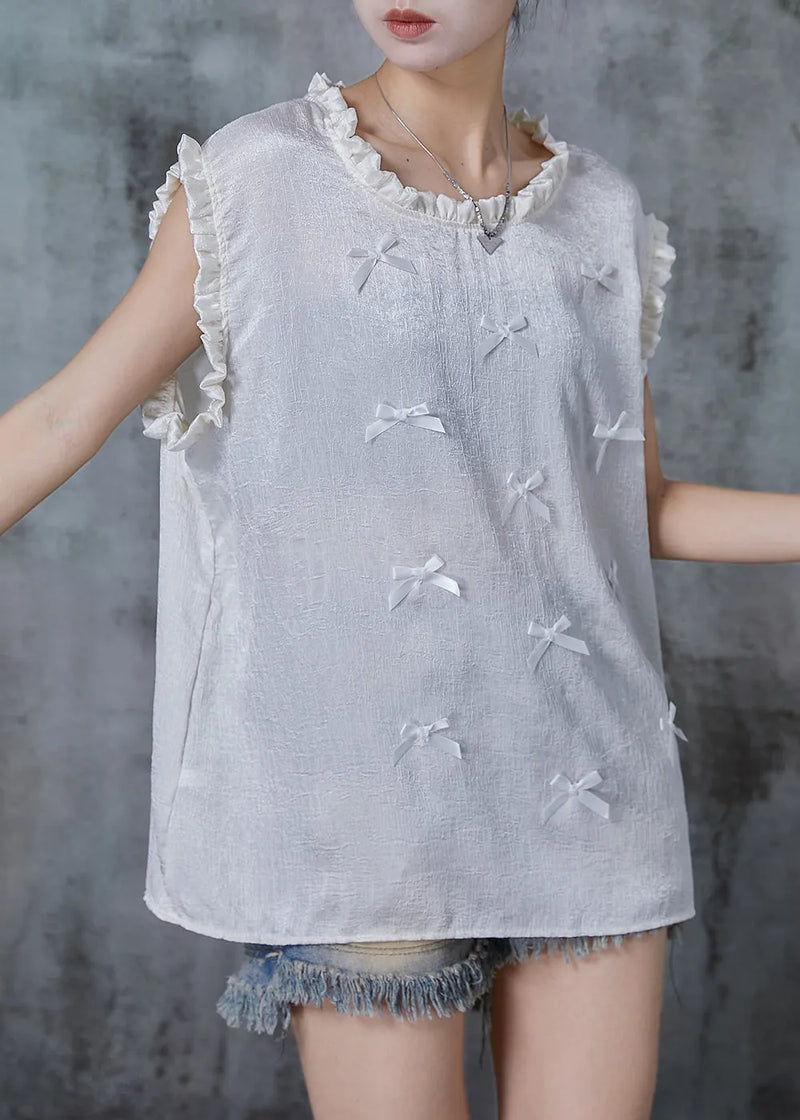 White Silk Tanks Ruffled Bow Sleeveless