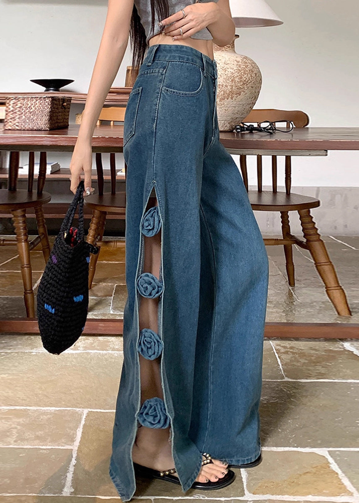 Original Design Blue Hollow Out Denim Pants Fall