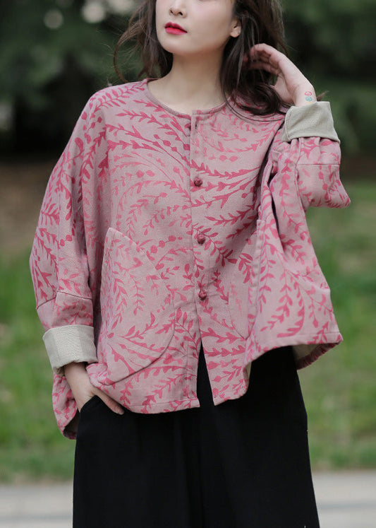 Red O-neck Print Cotton Coats Spring