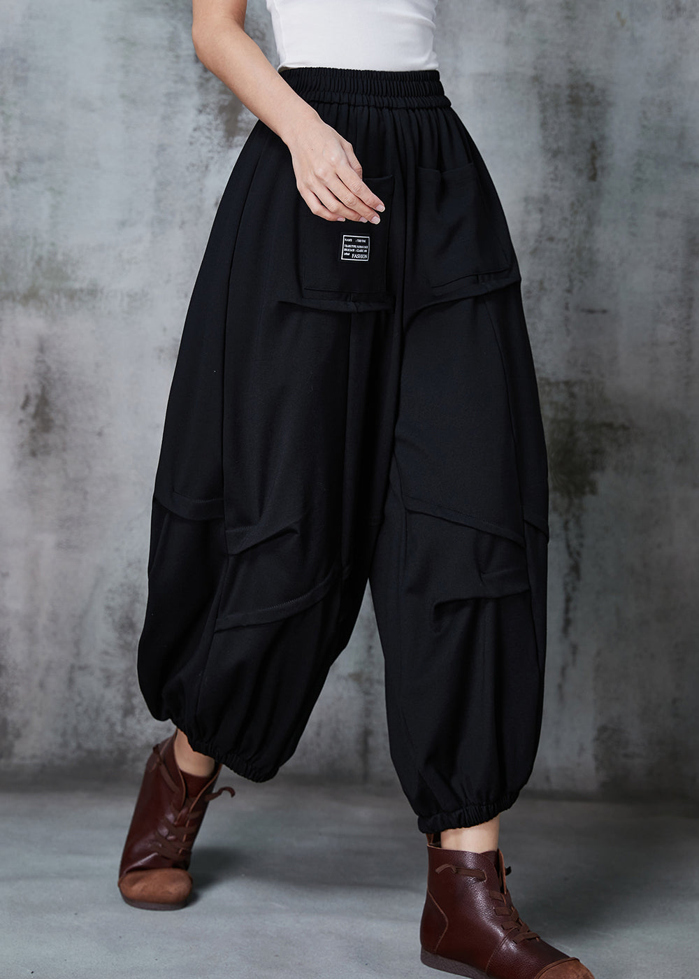 Black Oversized Wrinkled Cotton Harem Pants Spring