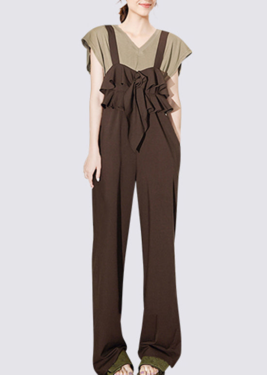 Loose Brown Ruffled Patchwork Suspender Jumpsuits Sleeveles