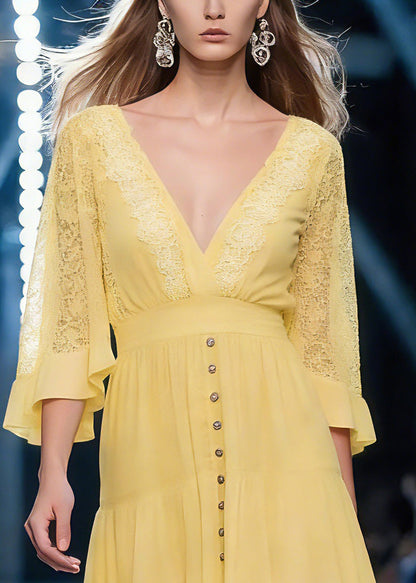 Fine Yellow V Neck Mid Dress Batwing Sleeve