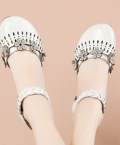Beige Hollow Out Chunky Cowhide Leather Splicing Sandals