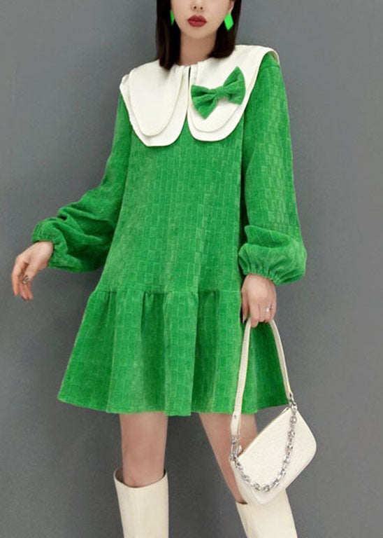 Green Peter Pan Collar Bow Plaid Velour Dresses Spring
