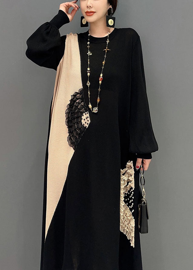 Black Patchwork Knit Long Dresses O-neck Ruffled Summer