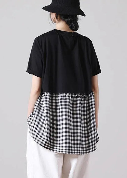 Fine Black Patchwork Asymmetrical Design Ruffled Cotton Short Sleeve Summer Shirt Top