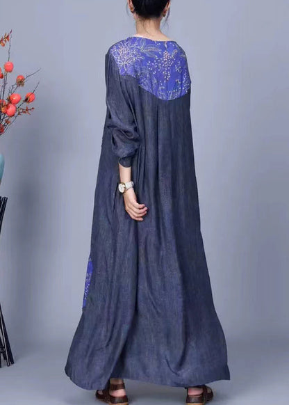 Blue O Neck Button Patchwork Cotton Long Dress Spring