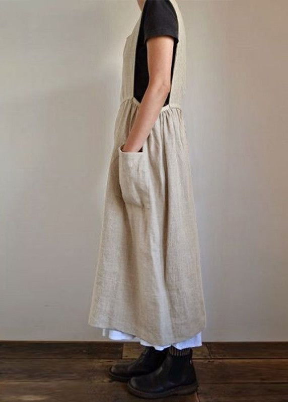 Handmade Black U Necku Neck Patchwork Pockets Cotton Maxi Dresses Summer