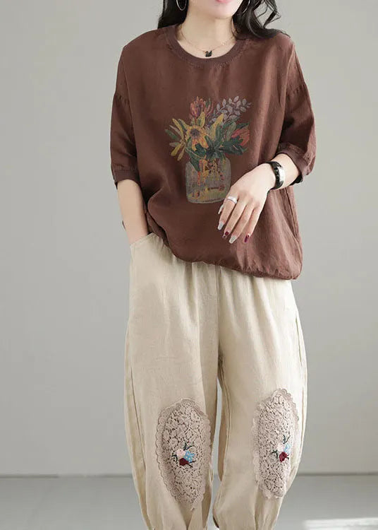 Chocolate O-neck Oversized Print Linen Tanks Short Sleeve