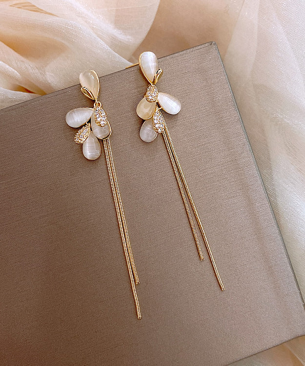 Gold Sterling Silver Alloy Cat's Eye Tassel Drop Earrings
