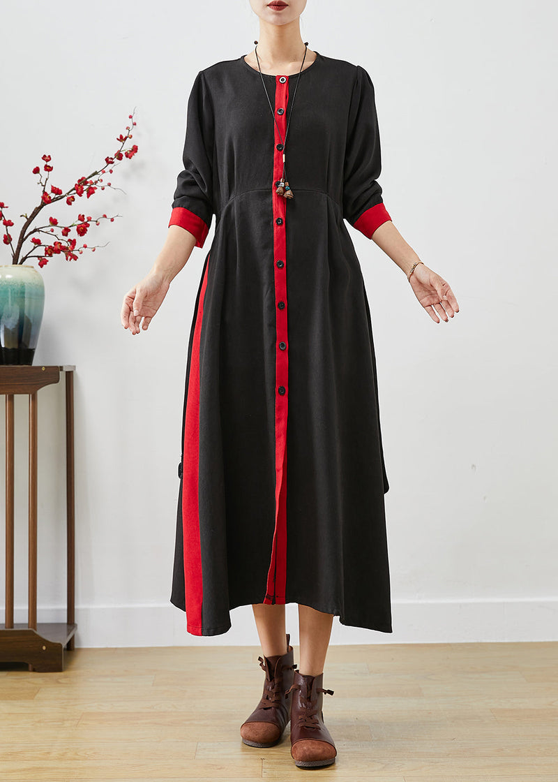 Red Patchwork Cotton Dress and Vest Two Pieces Set Tie Waist Fall