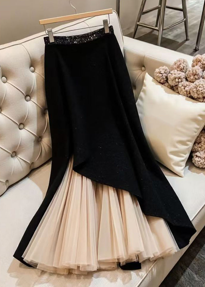 Black Original Design Chiffon Patchwork Skirts Spring