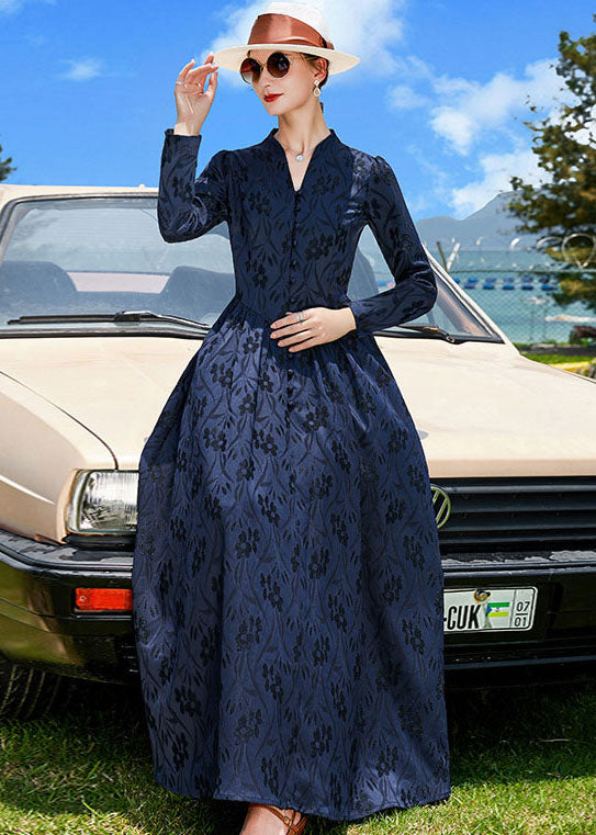 Navy V Neck Jacquard Wrinkled Silk a Line Dress Fall