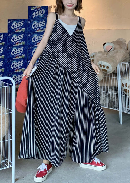 Original Design White V Neck Striped Cotton Jumpsuit Pants Sleeveless
