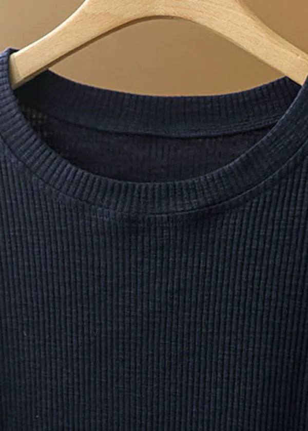 Navy Color O-neck Knit Patchwork Linen Shirt Short Sleeve