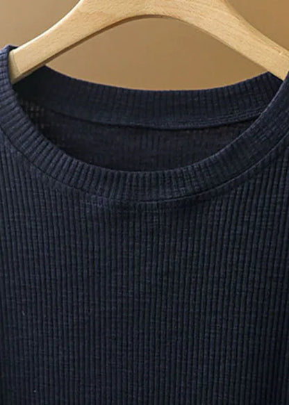 Navy Color O-neck Knit Patchwork Linen Shirt Short Sleeve