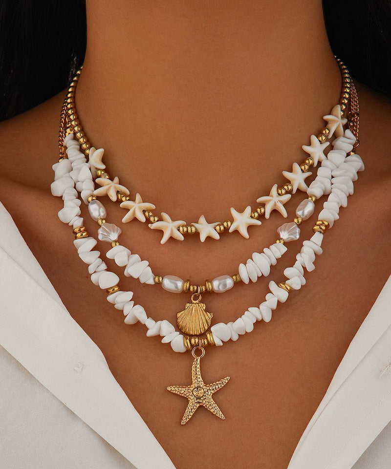 White Copper Starfish Shell Layered Pendant Necklace