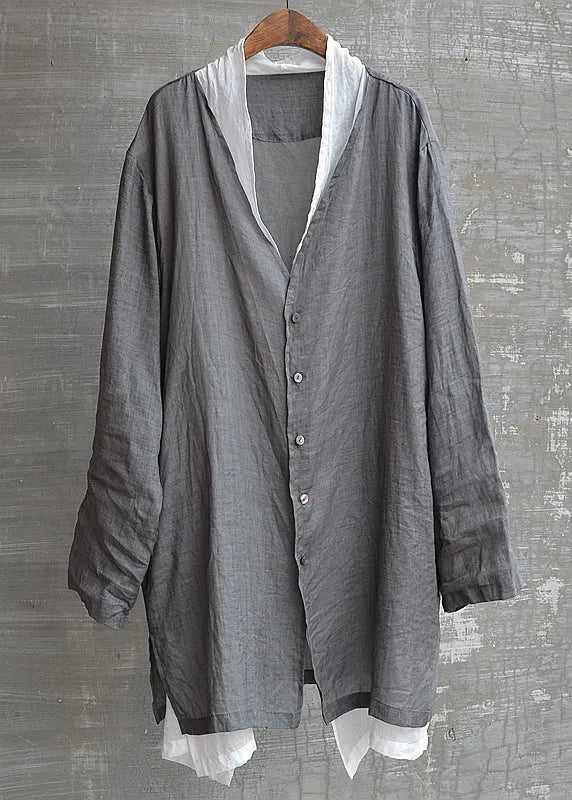 Handmade Black Patchwork Button Fake Two Pieces Linen Shirts Long Sleeve