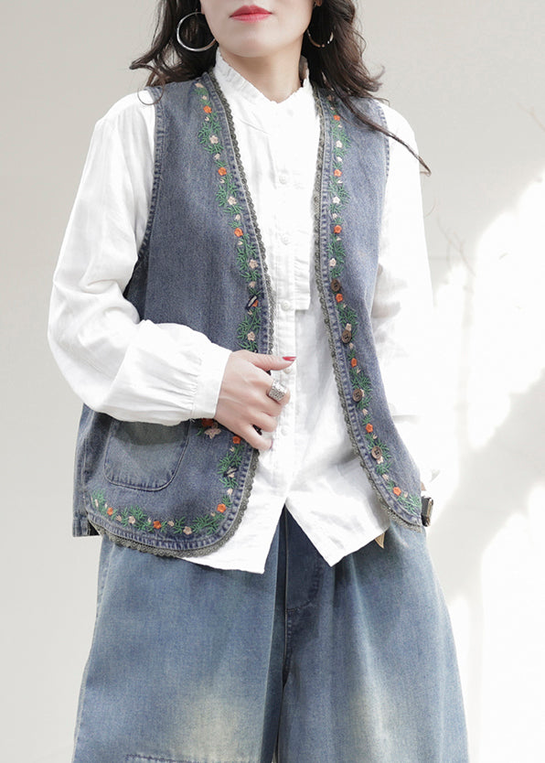 Blue V Neck Embroideried Patchwork Denim Waistcoat Sleeveless