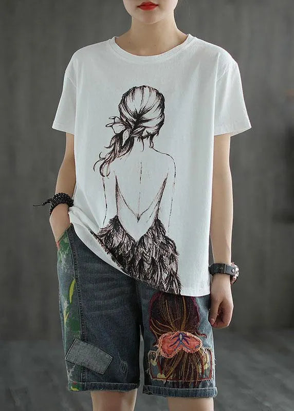 Green Print O-neck Cotton T Shirt Summer