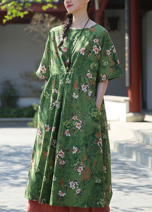 Green Print Pockets Patchwork Cotton Dresses Summer