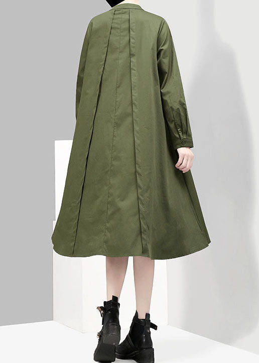 Green Button Asymmetrical Design Stand Collar Shirt Dresses Spring