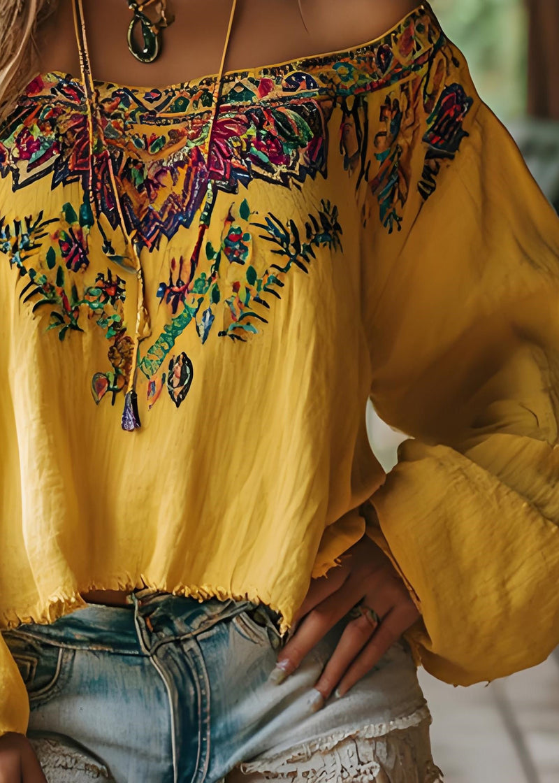 Yellow Slash Neck Print Cotton T Shirts Spring