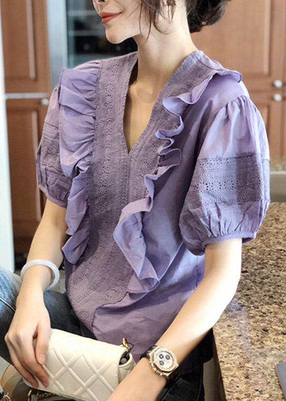 Purple V Neck Ruffled Patchwork Cotton Tops Lantern Sleeve