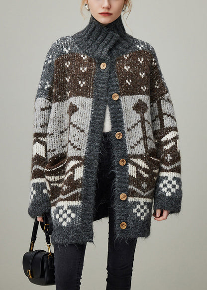 Jacquard Grey Turtleneck Button Patchwork Knit Coat Winter