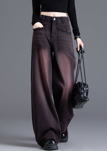 American Style Red Black High Waisted Warm Fleece Denim Wide Leg Pants Spring