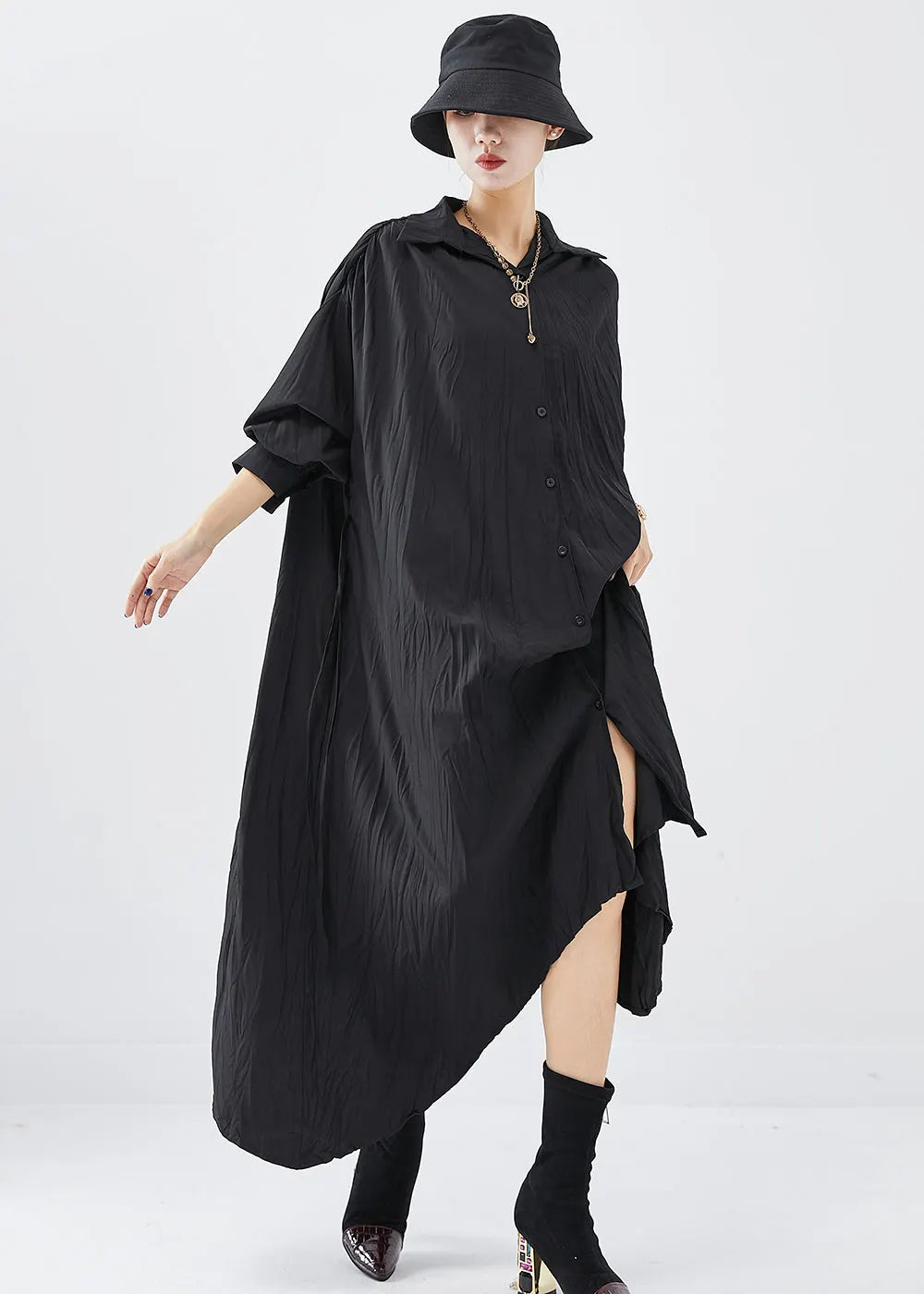 Black Oversized Asymmetrical Design Cotton Shirt Dress Fall