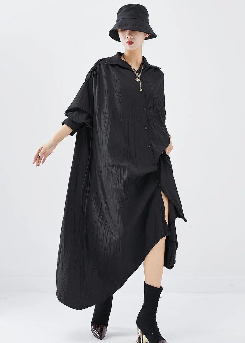 Black Oversized Asymmetrical Design Cotton Shirt Dress Fall