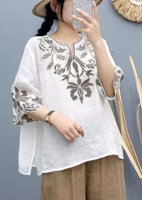 White Embroidered Cotton Shirt Tops Bracelet Sleeve