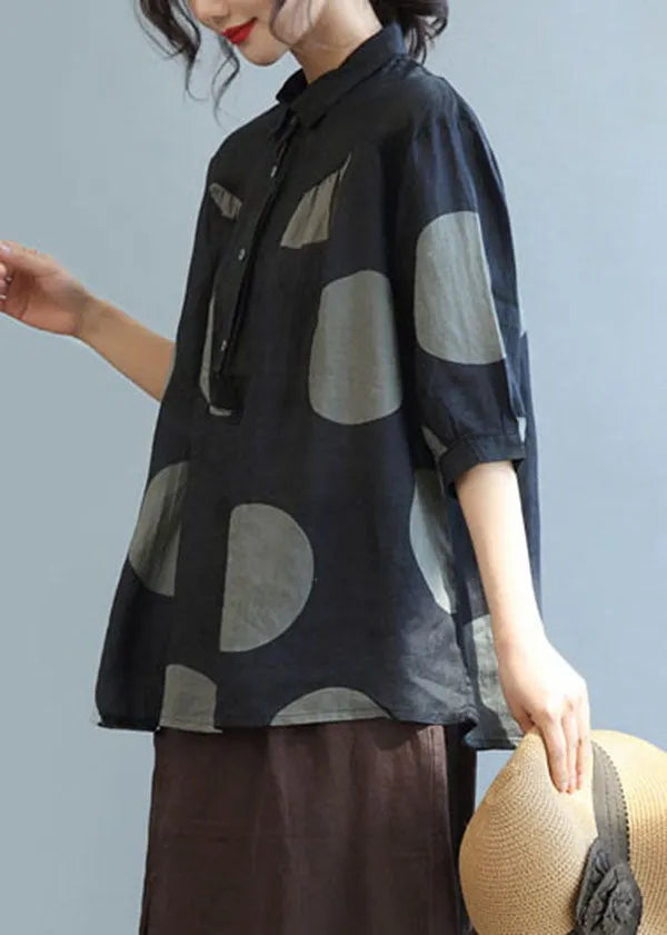 Black Peter Pan Collar Dot Linen Shirt Tops Half Sleeve