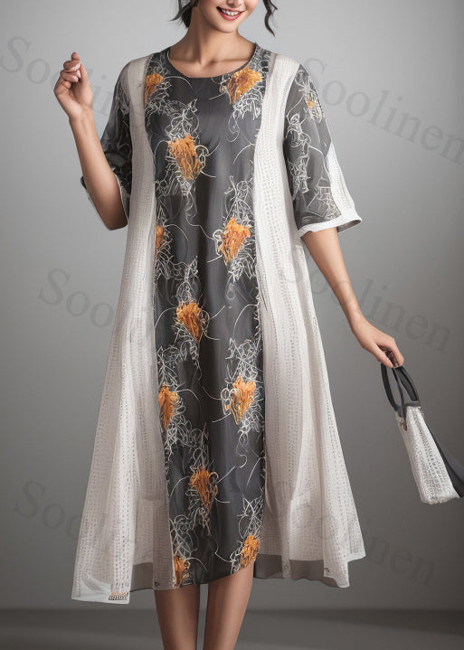 Loose Colorblock O Neck Print Patchwork Silk Dress Summer