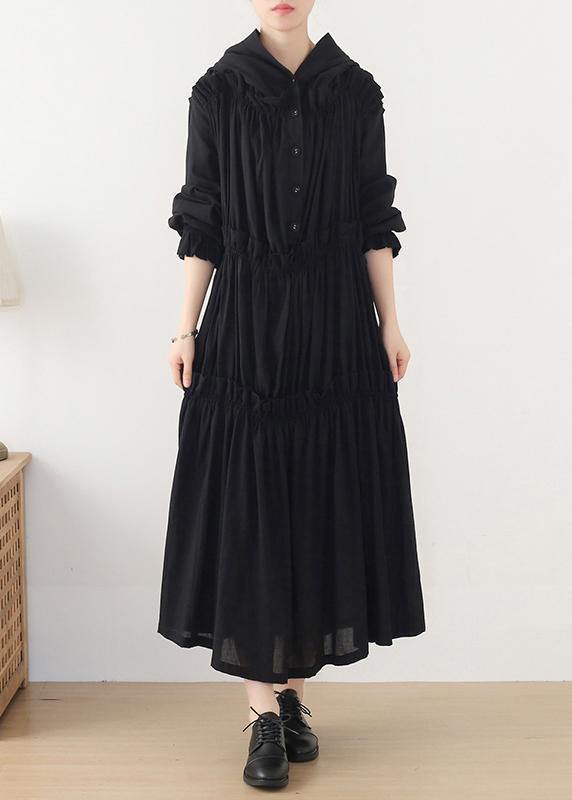 Black Cinched Hooded Spring Cotton Dress