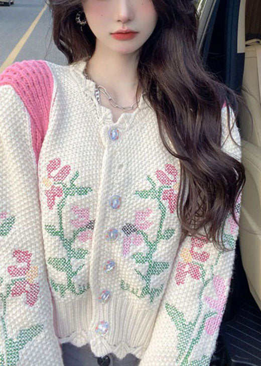 Diy Beige Embroideried Hollow Out Button Fall Sweater