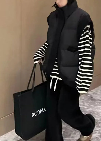 Black Stand Collar Pockets Duck Down Down Vest Winter