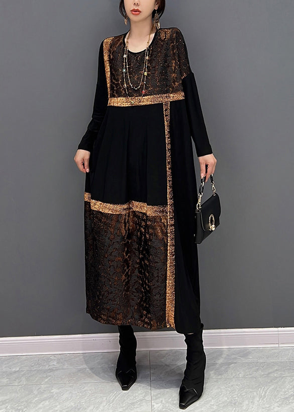 Black O Neck Organza Patchwork Cotton Dress Fall
