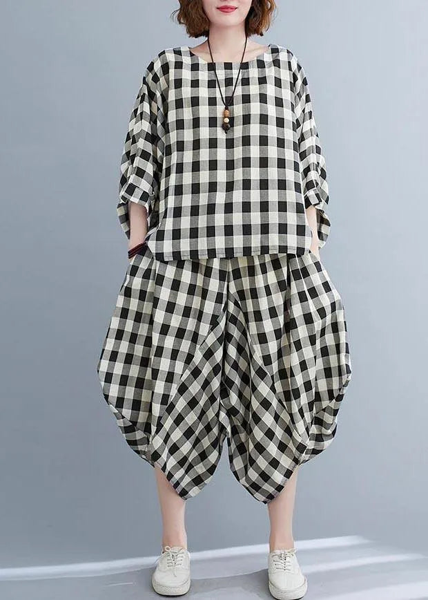 Art Black White Plaid Batwing Sleeve Two Piece Set Clothing Summer Cotton Linen