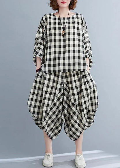 Art Black White Plaid Batwing Sleeve Two Piece Set Clothing Summer Cotton Linen