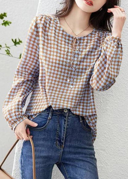 Coffee Print Lace Up Cotton Blouses Long Sleeve